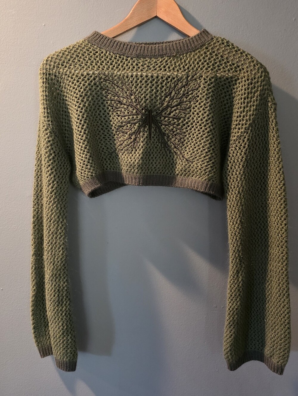 Thorn & Fable Tree Butterfly Knitted Crop Sweater Olive Green Womens M